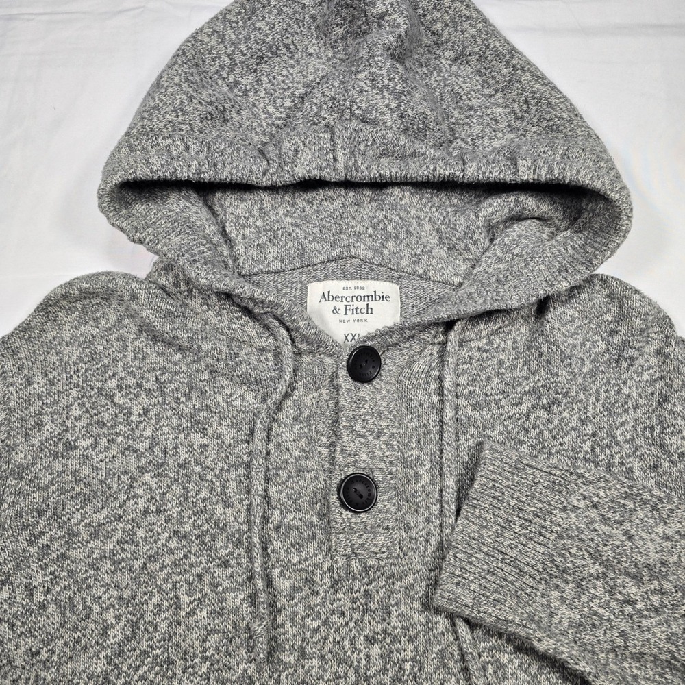 Y2K Abercrombie & Fitch Mens XXL Grey Marl Knit ‎ Hoodie Sweater Button Neck